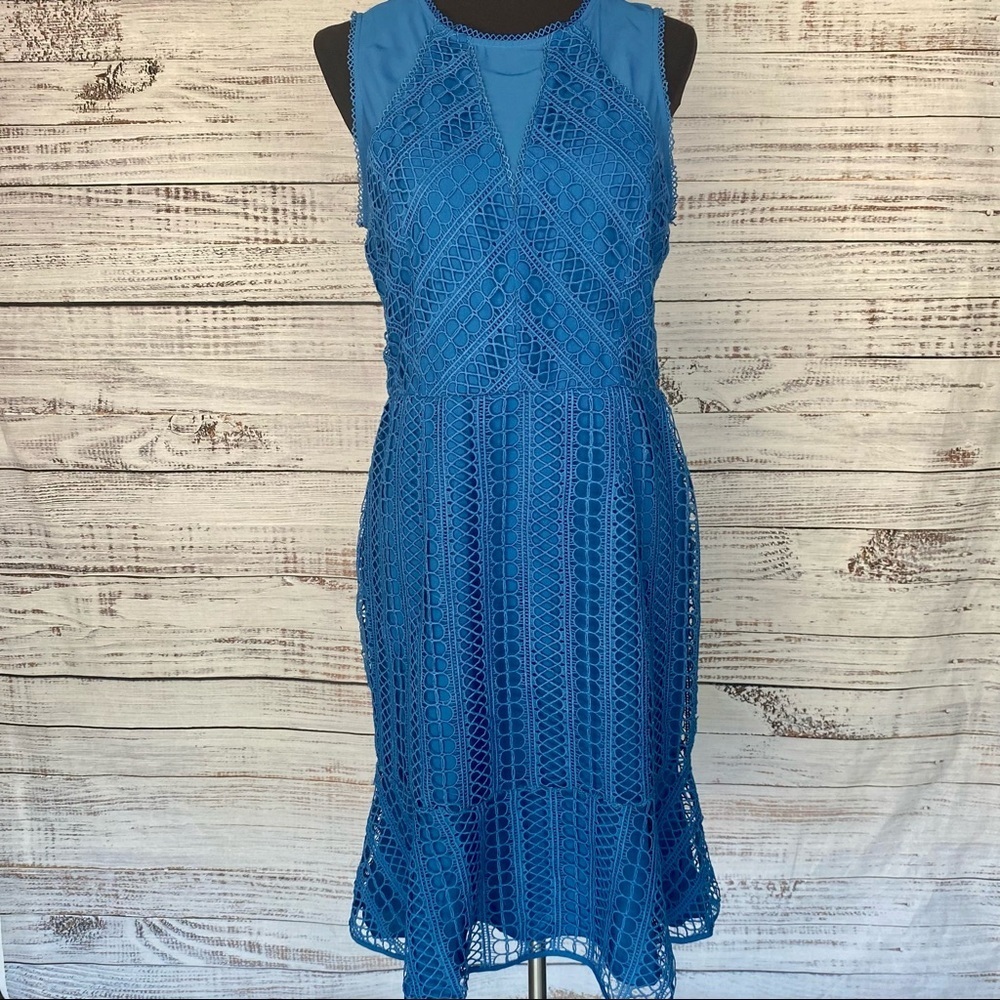 ADELYN RAE Audrey Blue Flounced Sheath Dress